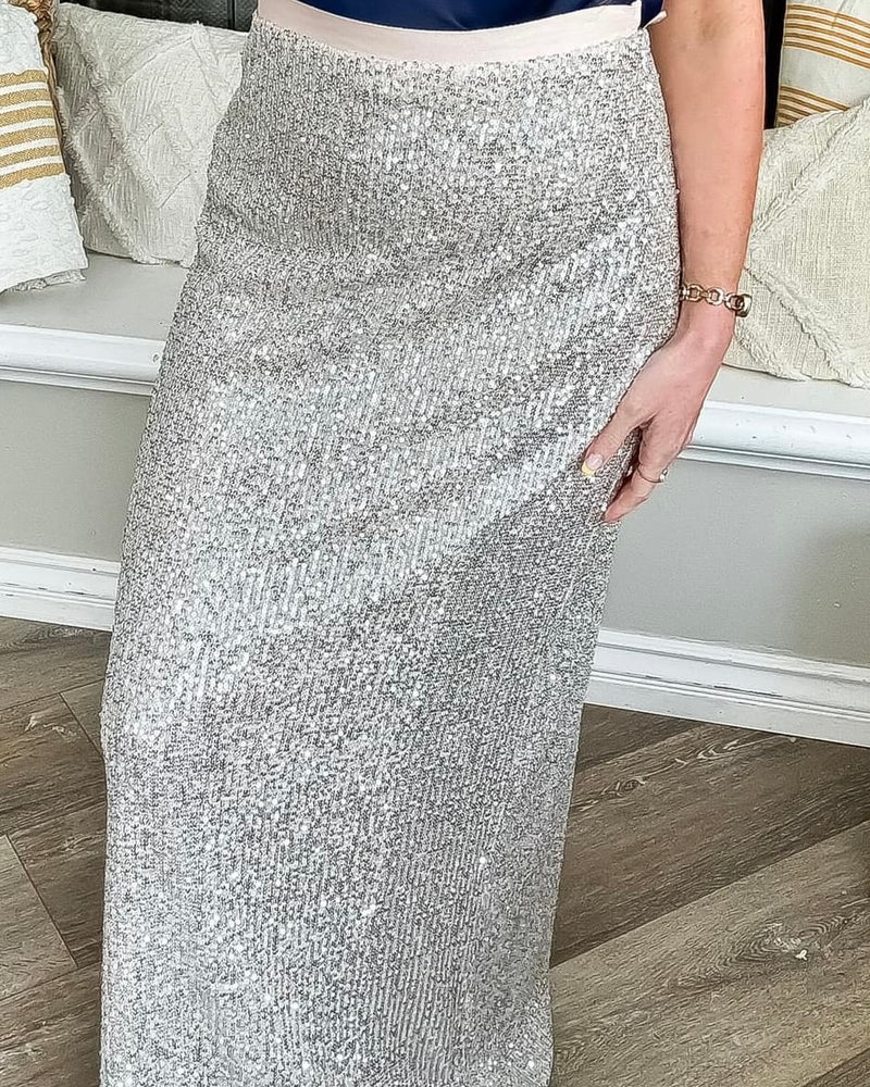 Silver Sequin Formal Party Long Maxi Skirt