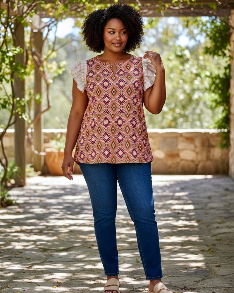 Plus Size Mix Media Blush Pink Graphic Diamond Print Contrast Striped Ruffle Short Sleeve Top
