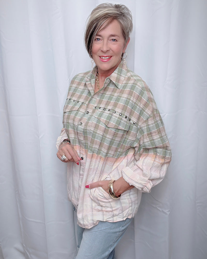 Green & Cream Ombre Plaid Stud Button Down Long Sleeve Top