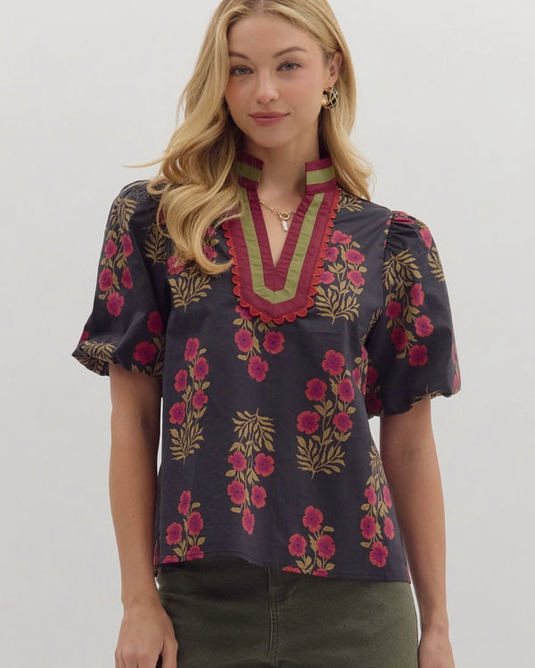 Black w/Red & Green Floral Print Short Puff Sleeve Open Neck Top