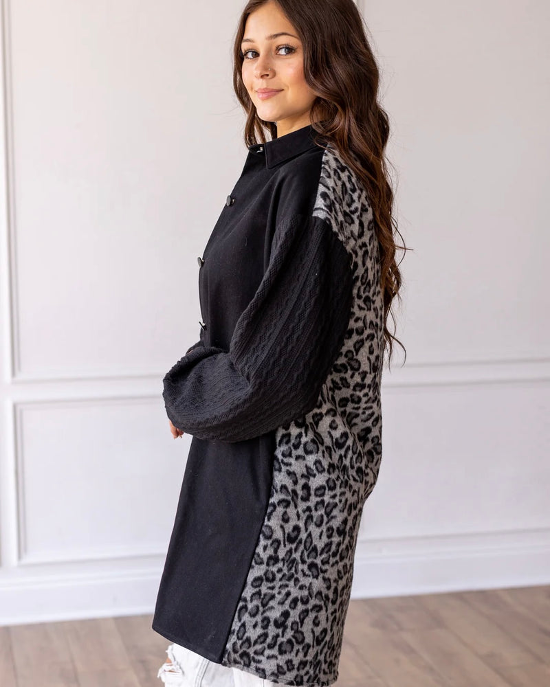Fall Black w/Leopard Back Animal Print Long Sleeve Duster Coat Jacket