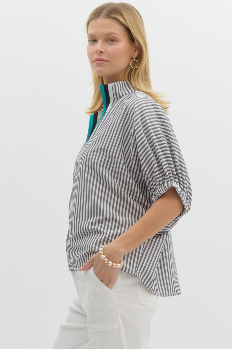 Black & White Vertical Striped 3/4 Balloon Sleeve Open Contrasting Neck Top