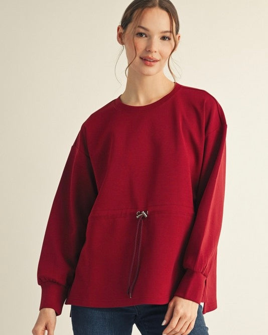 Solid Burgandy Wine Drawstring Waist Smooth Texture Long Sleeve Top