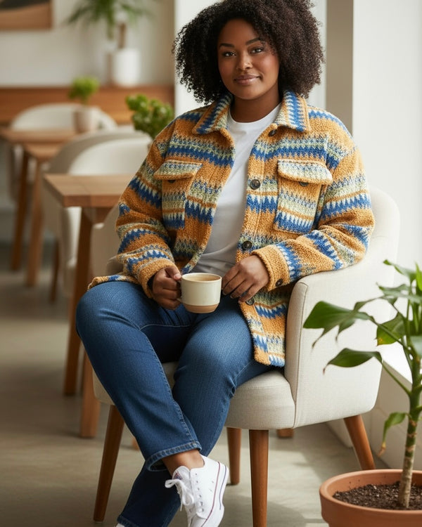 Yellow Gold Aztec Sherpa Button Front Long Sleeve Shacket