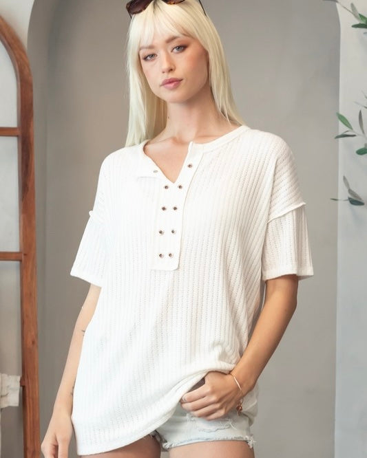 Blue, Tan or White Diana Eyelet Grommet Short Sleeve Tunic Top