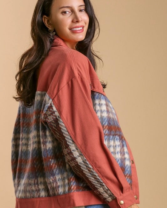 Terra Cotta Rust Sherpa Plaid Button Up Long Sleeve Jacket