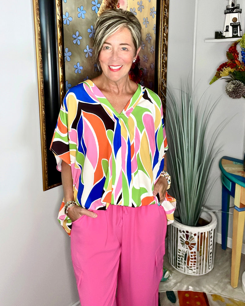 Pink Blue Yellow Green Multicolor Graphic Abstract Short Sleeve Sleeve Boxy Top