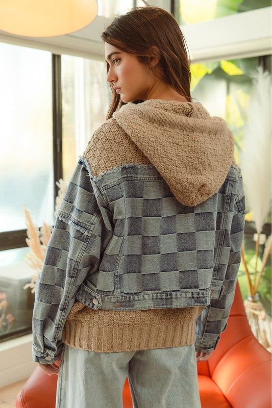Plus Size Beige Chunky Sweater & Wash Checkered Denim Frayed Edge Long Sleeve Zip Front Hoodie Jacket