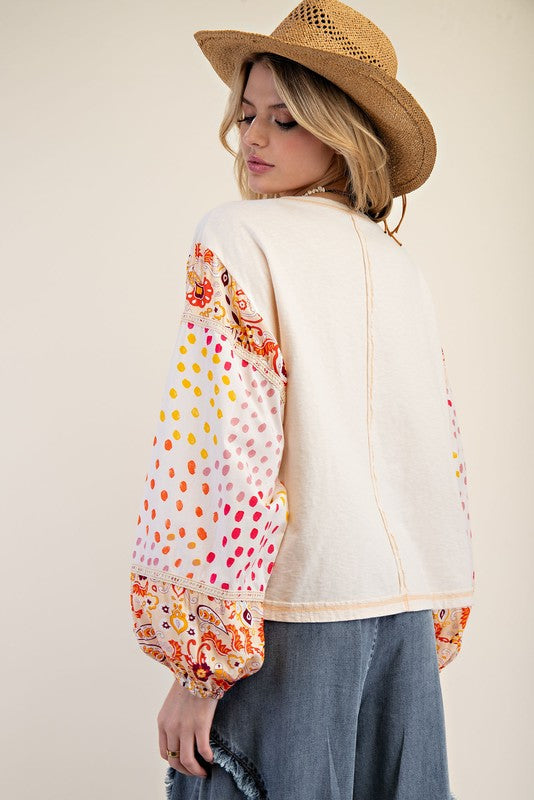 Plus Size Peach or Yellow Cotton Outside Stitch Jersey Top w/Mix Dot/Floral Print Puff Long Sleeve