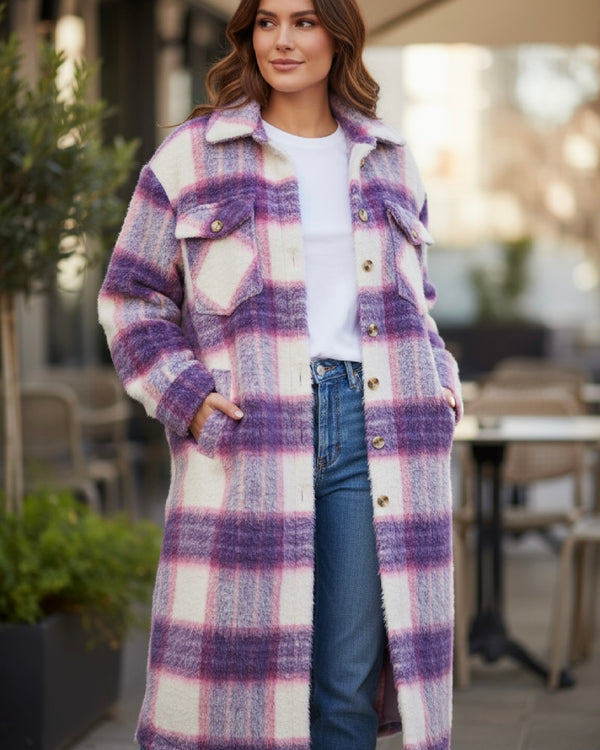 Purple, Blue & White Plaid Duster Long Wool Flannel Open Front Coat Shacket