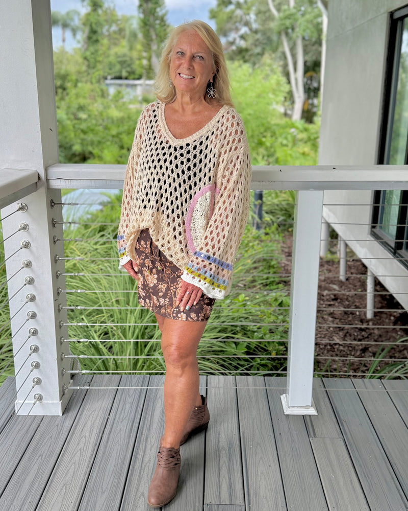 Boho Cream Hollowed Out Crochet Knit Sweater Top