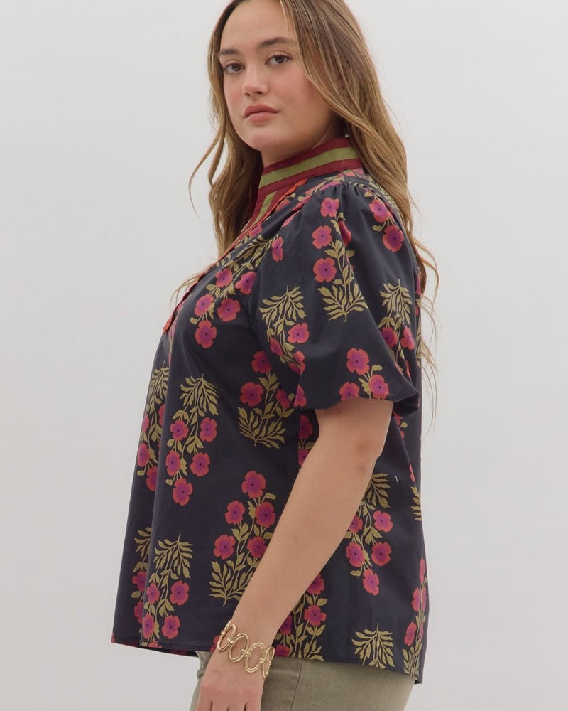 Black w/Red & Green Floral Print Short Puff Sleeve Open Neck Top