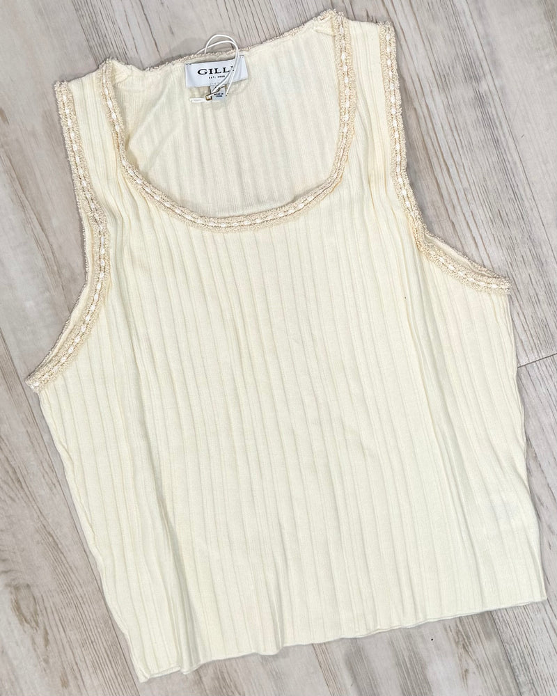 Ivory Knit Textured Gold Thread Sleeveless Tank Top