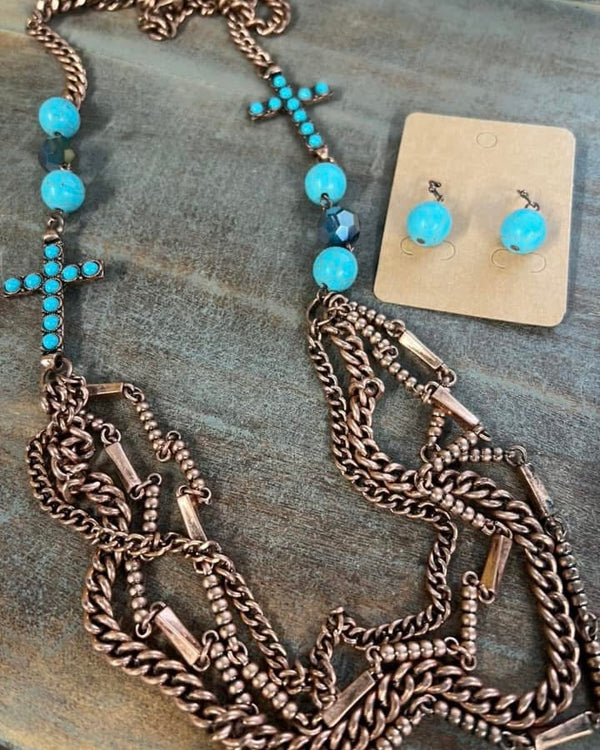 Multi Strand Copper Link Chain & Faux Turquoise Beads & Cross Pendant Necklace