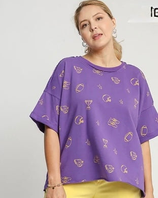 Purple w/Yellow Gold Football Short Sleeve Sweatshirt Top