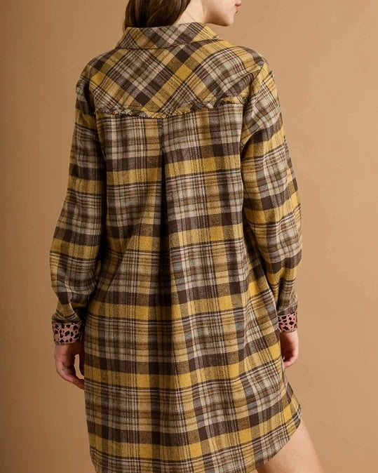 Brown Plaid Flannel Button Down Frayed Yoke Edge Pocket Swing Long Sleeve Shirt Dress