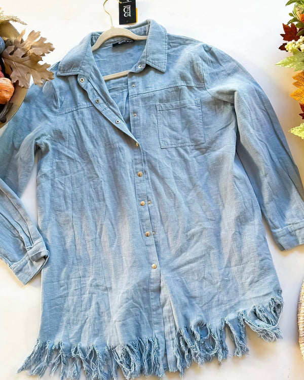 Blue Denim Look Snap Front Long Sleeve Dress with Fray Fringe Hemline