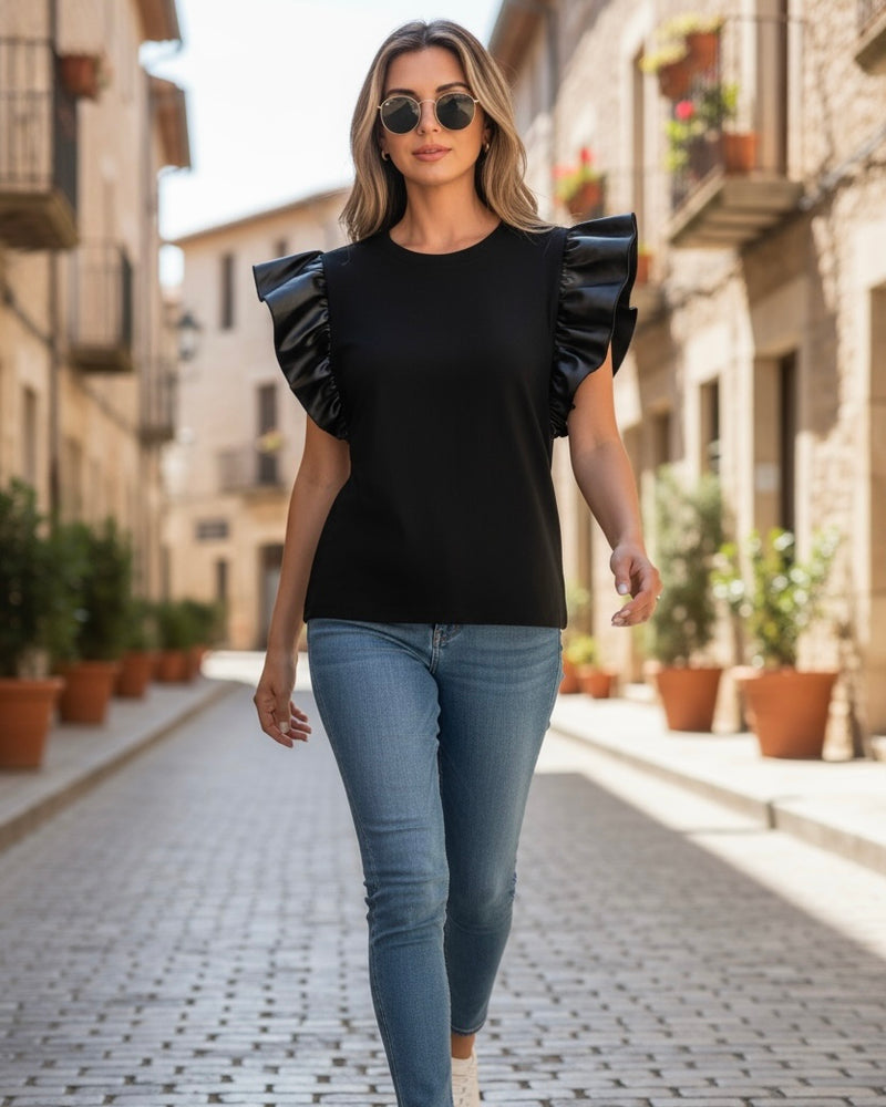 Solid Black Ribbed Short Ruffle Cap Faux Leather Sleeve Bodysuit Top