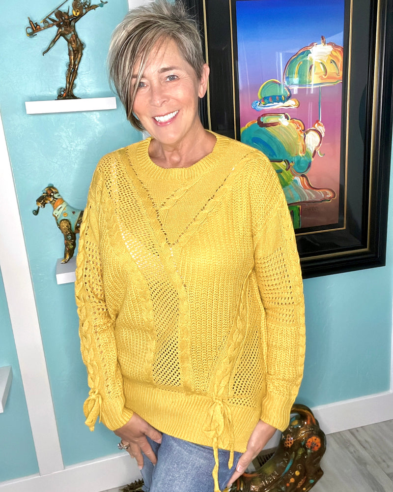 Yellow Long Sleeve Lightweight Textured Tie Front Sweater Top