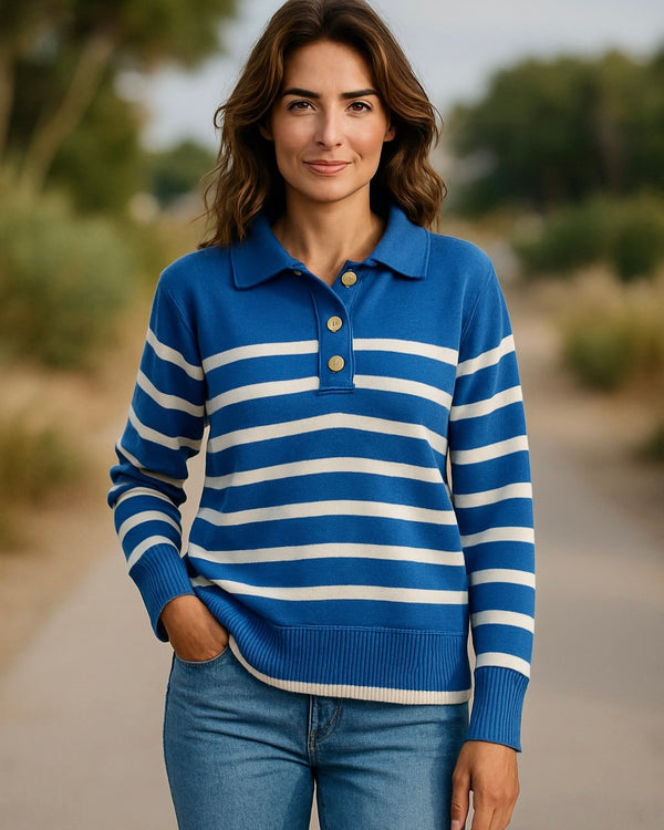 Blue & White Stripe Sweater Knit Long Sleeve Button Collar Neck Top