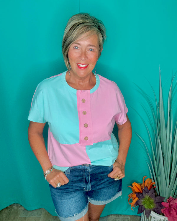 Mint Blue & Pink Color Block Button Front Short Sleeve T-Shirt Cotton Top