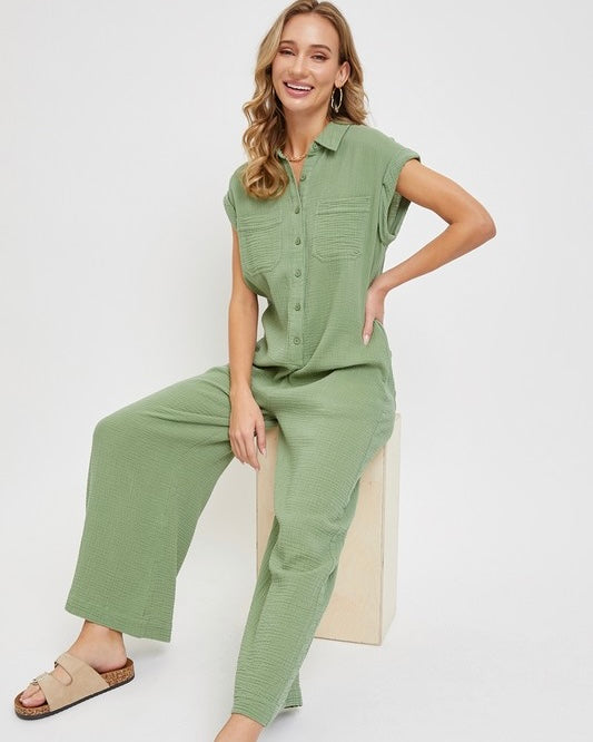 Green Gauze Short Cap Sleeve Button Front Pocket Jumpsuit