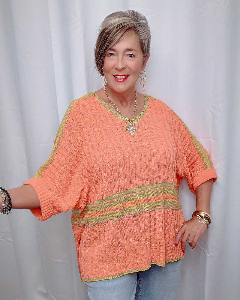 Blue or Orange 3/4 Sleeve VNeck Ribbed Sweater Knit Top