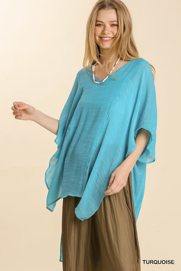 Turquoise Blue Pancho Style V Neck Kaftan Coverup Top