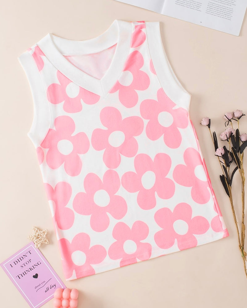 White with Pink Flower Sleeveless VNeck Sweater