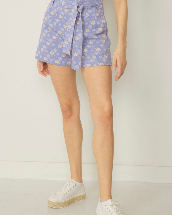 High Waist Blue Floral Belted Self Tie Cotton Shorts