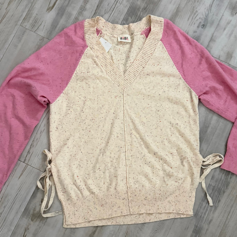 Pink & Cream Confetti Print VNeck Long Sleeve Side Tie Sweater Top
