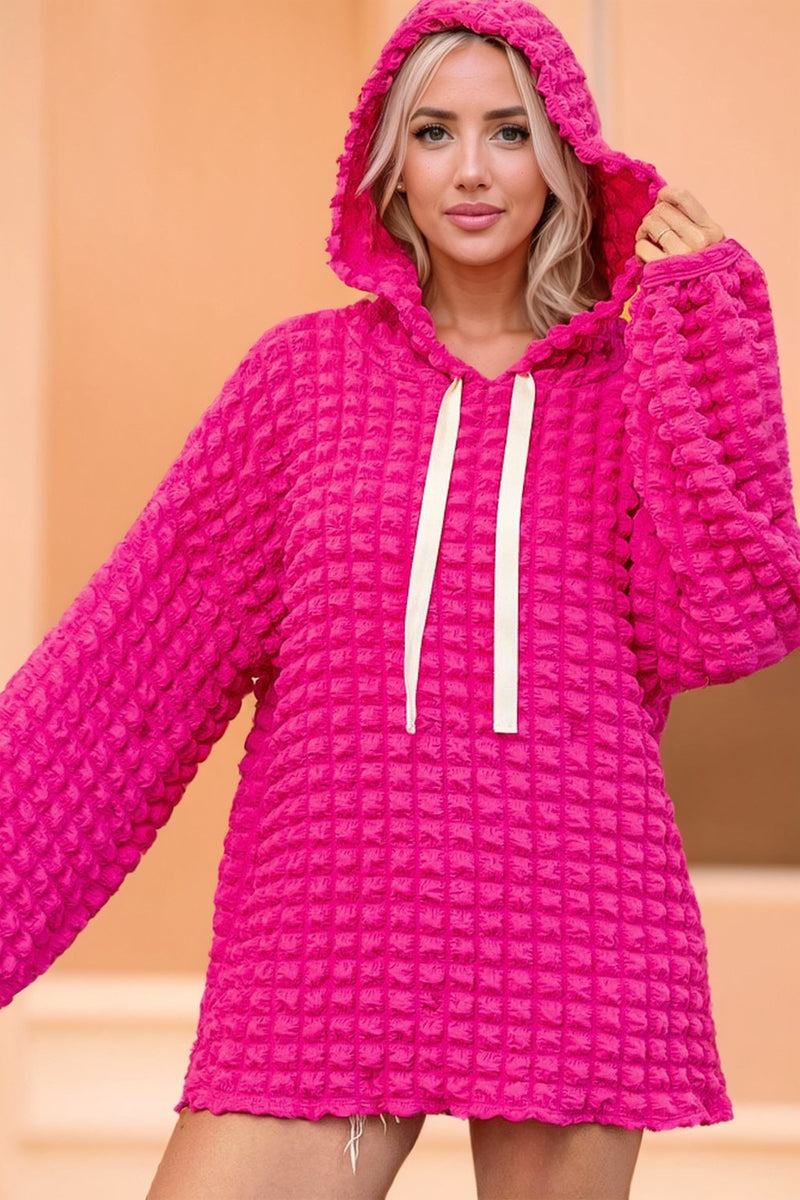 Pink Puff Bubble Textured Lightweight Pullover Hoodie