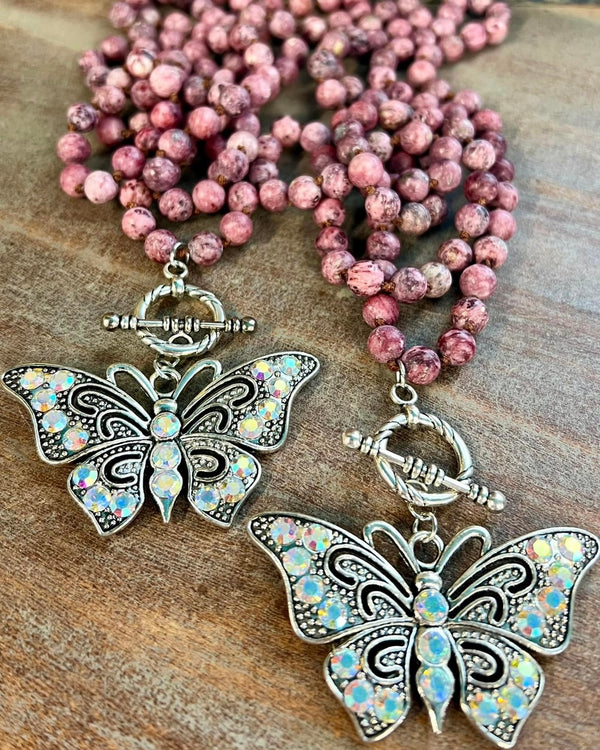 Pink Beaded Long Necklace with Butterfly Rhinestone Pendant