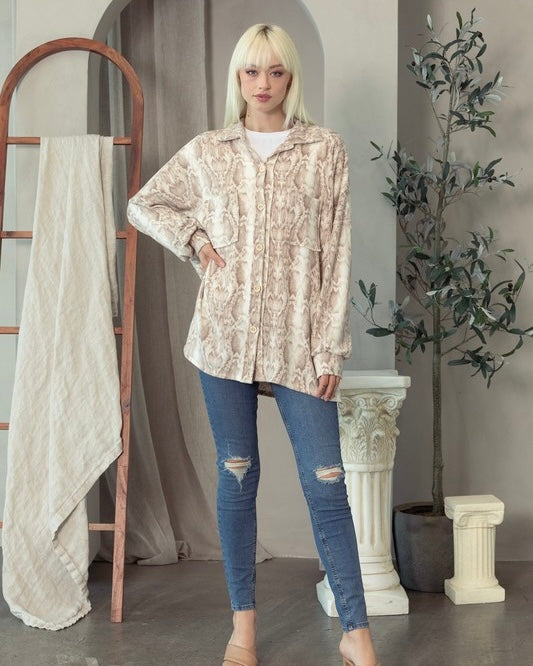Plus Size Taupe Snake Print Button Down Long Sleeve Brushed Fleece Shacket Top