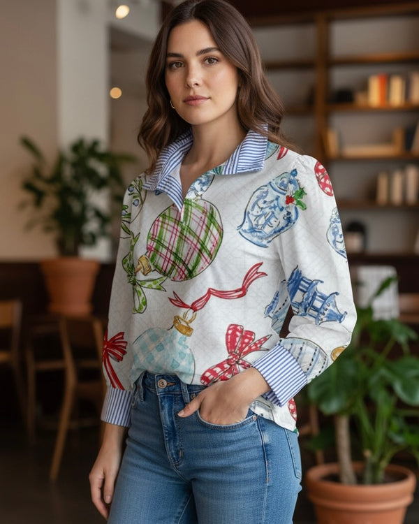 White Multicolor Christmas Balls Contrast Stripe Christmas Top