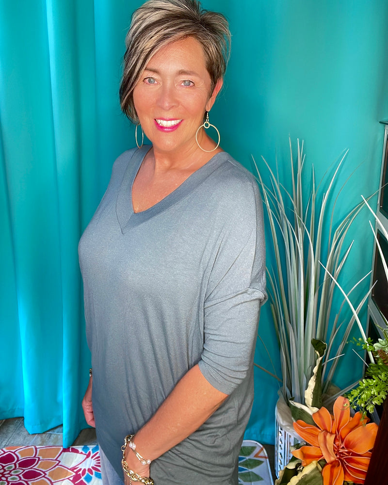 Teal Green Loose Fit Open V-Neck 3/4 Dolman Sleeve Knit Top