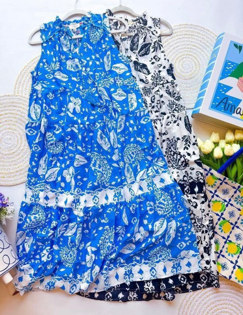 Blue & White Tropical Graphic Sleeveless Ruffle Neck Tie Midi Tiered Dress