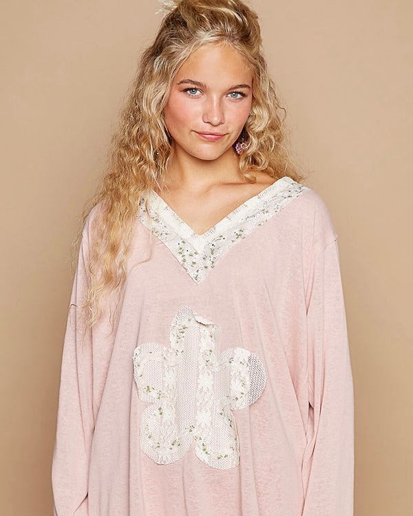 Light Pink Blush Boho Patch Long Sleeve Oversized VNeck Top