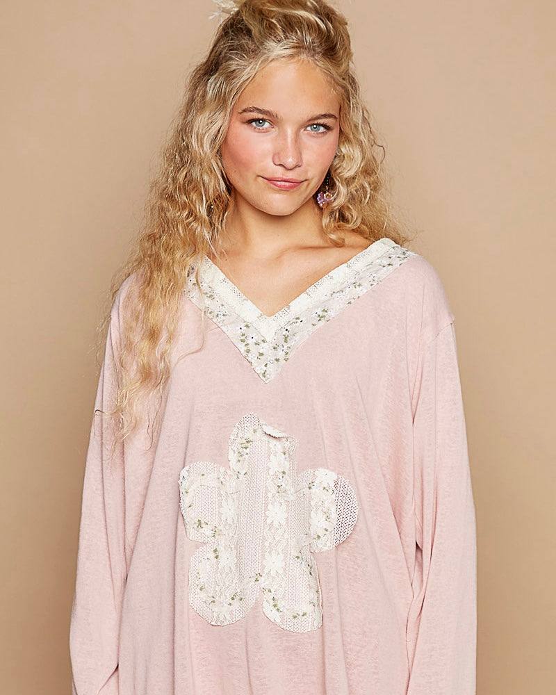 Light Pink Blush Boho Patch Long Sleeve Oversized VNeck Top