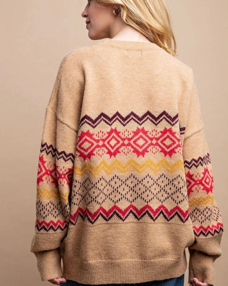 Khaki Tan with Fuschia Red  Aztec Rounded Neck Long Sleeve Sweater