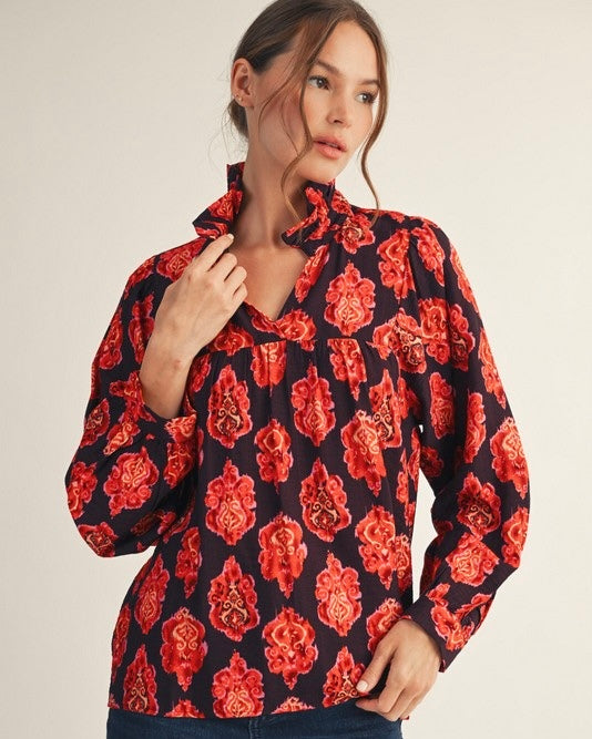 Eggplant & Orange Damask Print Long Sleeve Hi Ruffle Neck Tie Top