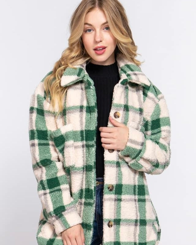 Green & White Sherpa Plaid Button Down Long Sleeve Chest Pocket Shacket