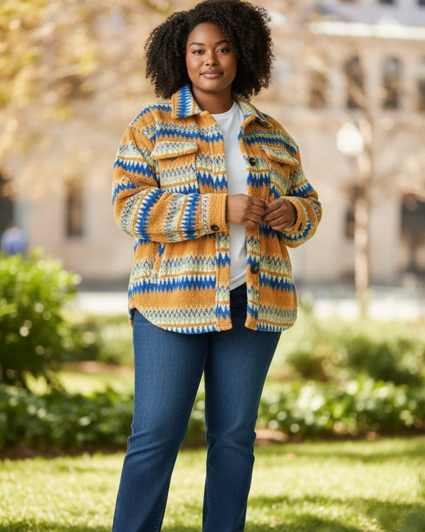 Yellow Gold Aztec Sherpa Button Front Long Sleeve Shacket