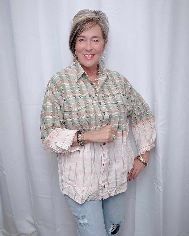 Green & Cream Ombre Plaid Stud Button Down Long Sleeve Top