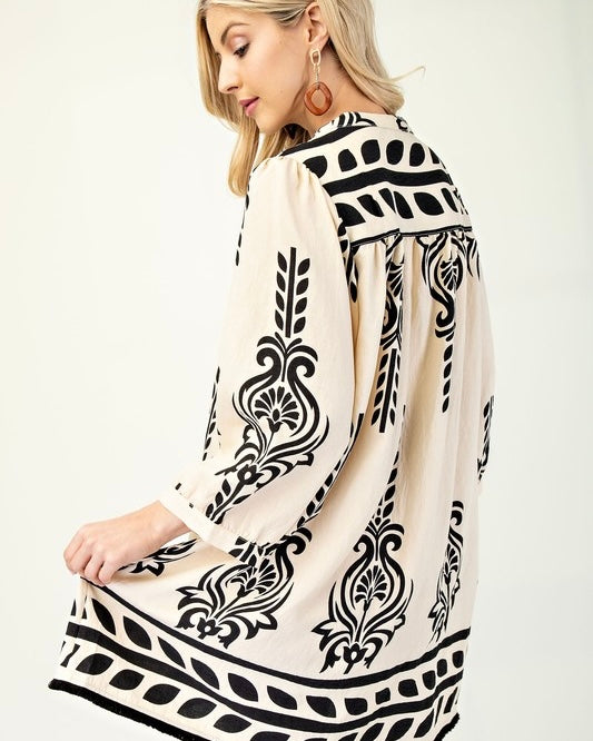 Ivory & Black Printed 3/4 Sleeve VNeck Tassel Tie Dress