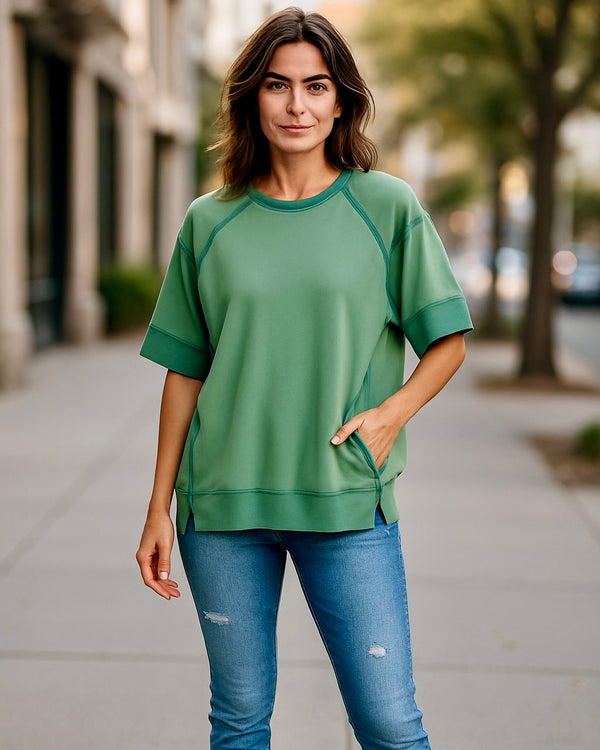 Green Two Tone Short Sleeve Pullover Boxy Sweatshirt Top