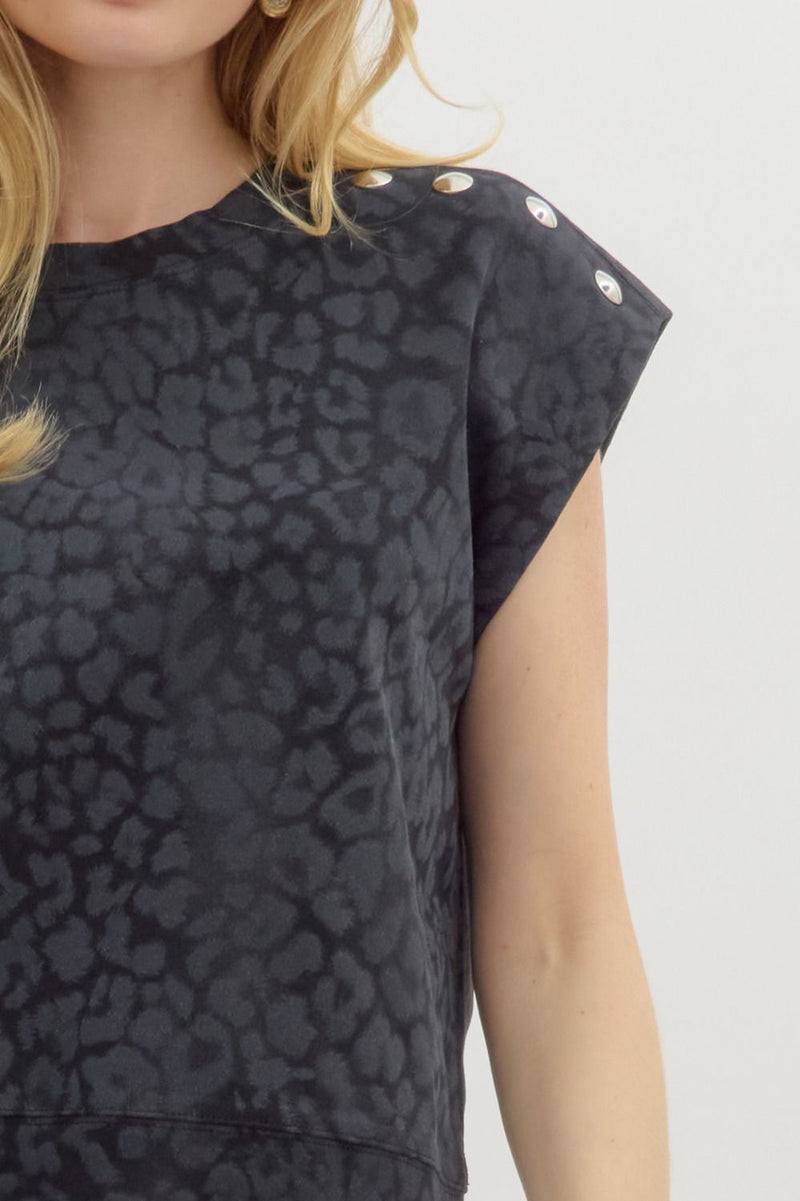 Khaki Brown or Charcoal Black Sleeveless Leopard Print Stud Shoulder Top