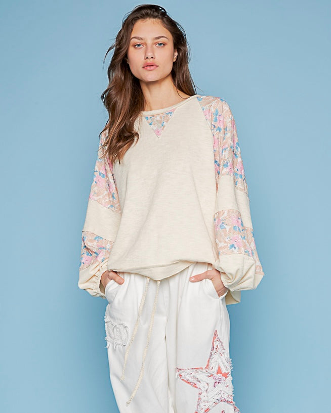 Cream Round Neck Long Sleeve Floral Block Light Pullover Top