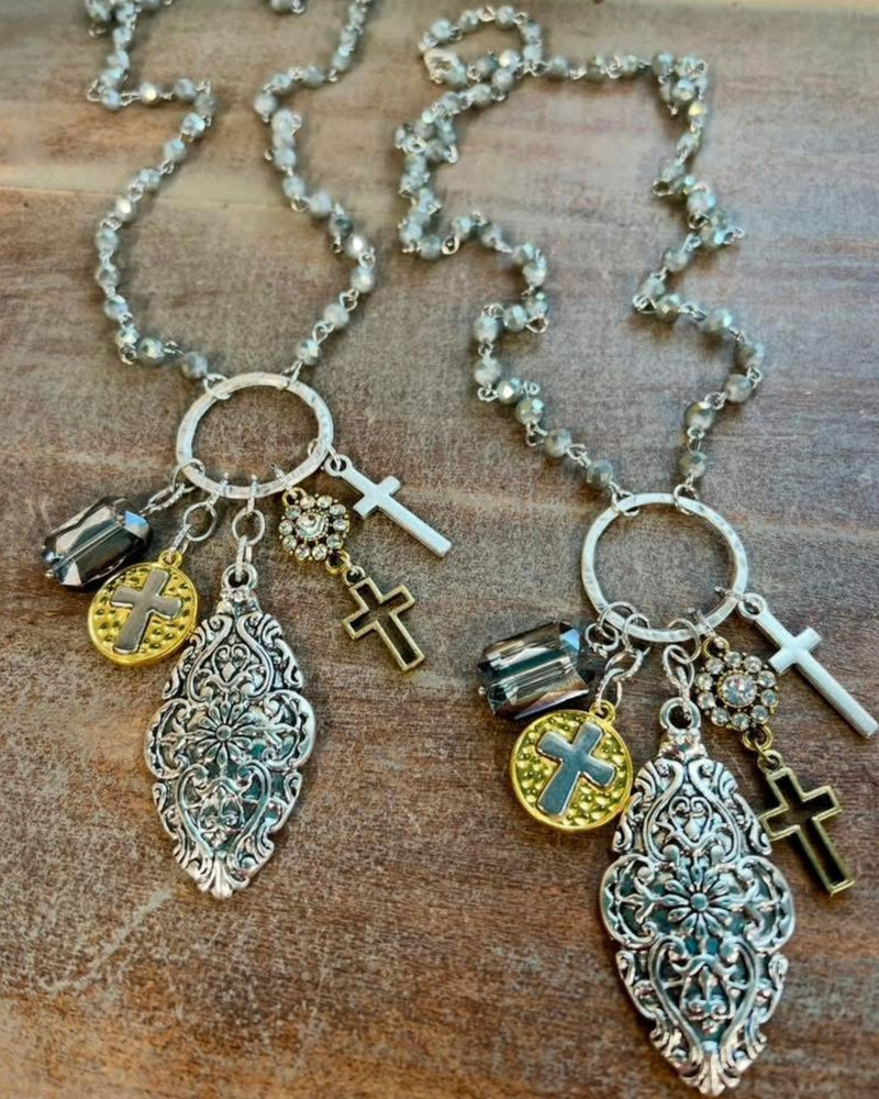 Gray Beaded Pendant Charm Necklace