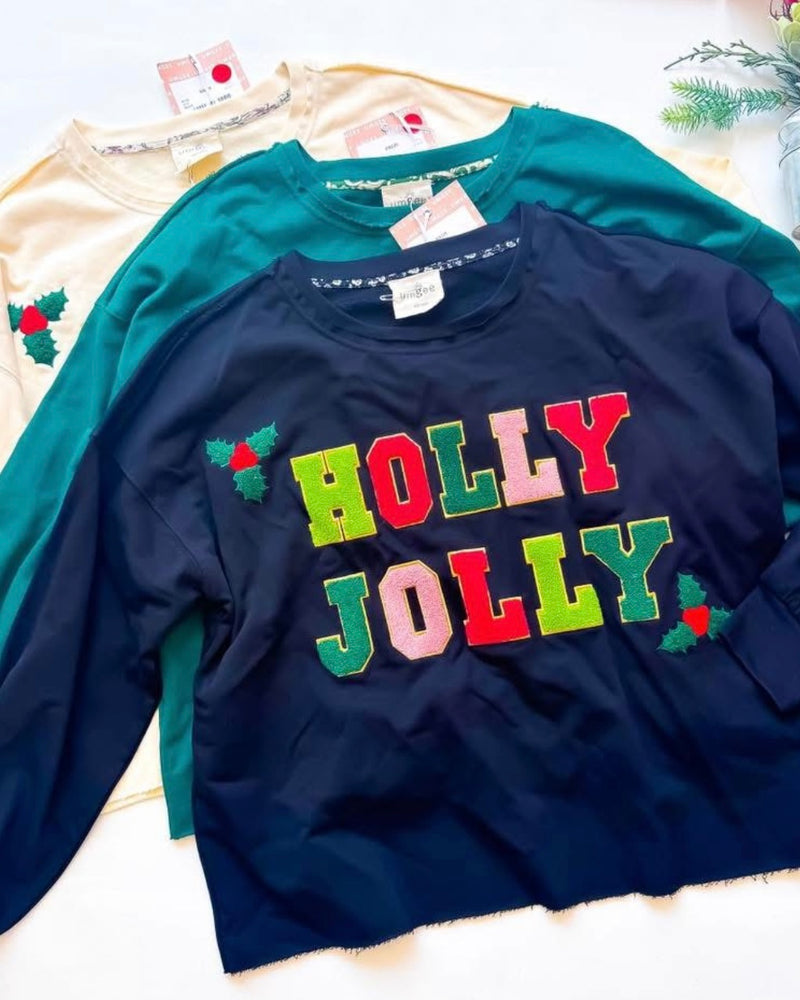 Cmas Green, Red, Black or Cream “Holly Jolly” Chenille Sequin Patch Whimsical Holiday Christmas Sweatshirt Top